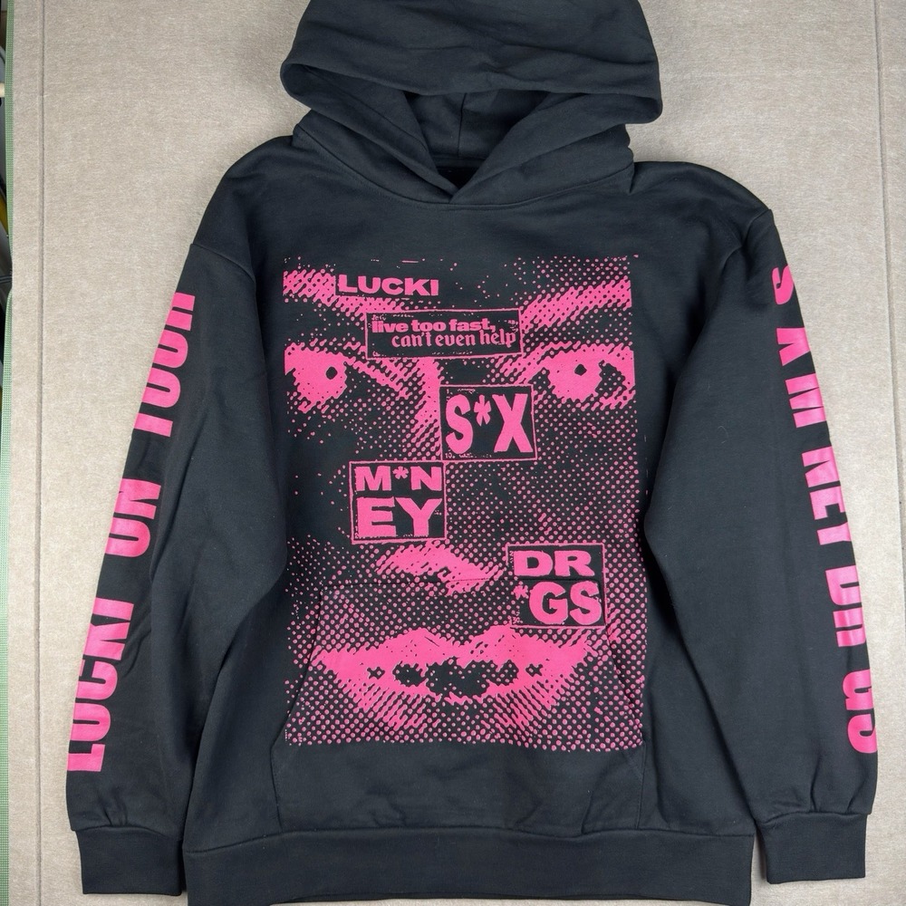 Lucki Hoodie Sweatshirt Mens XL Black Pink Rap Tour Graphic Statement Streetwear